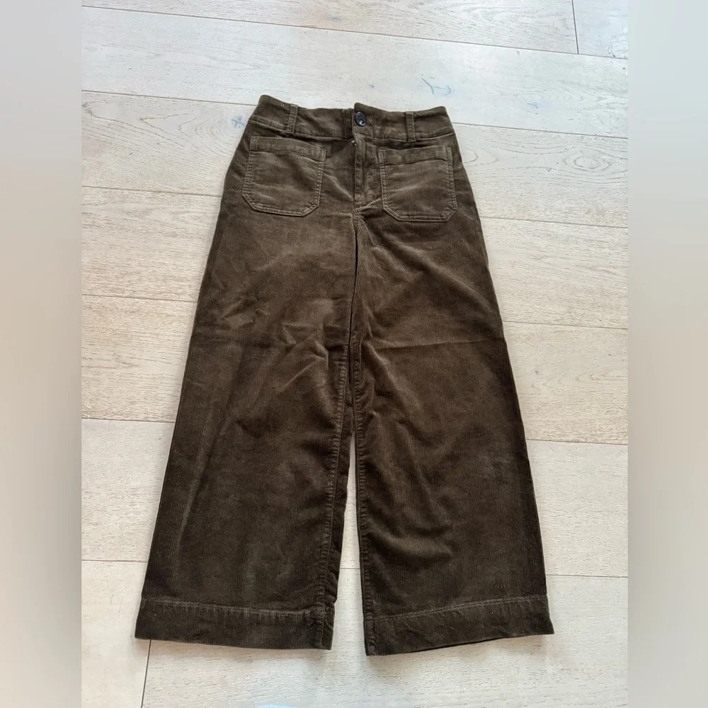 Maeve Anthropologie Colette Corduroy Wide Leg Crop Pants Olive Green 25P - Picture 5 of 9